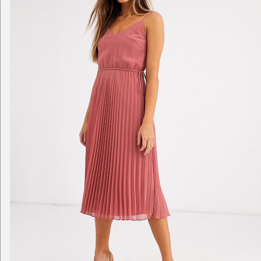 💗ASOS DESIGN pleated cami midi dress with drawstring waist in dark pink
